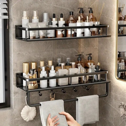 1 Piece Bathroom Rack Wall-Mounted Shampoo And Cosmetic Storage Rack Aluminum Shower Shelf Towel Toothbrush Tooth Cup Storage To