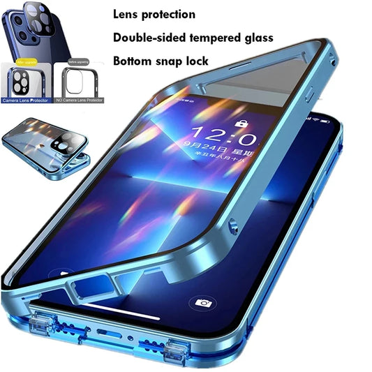 360°Full Protection Metal Magnetic Double Sided Glass Snap Lock Case For iPhone 15 Pro Max 14 12 11 13 Pro Max Plus Bumper Cover