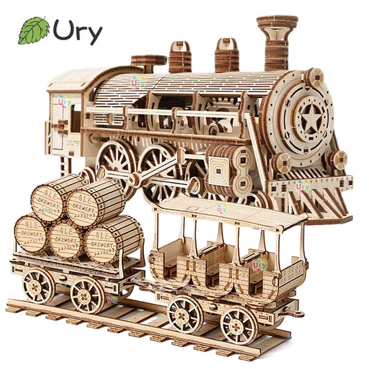 Ury 3D Wooden Puzzle Movable Retro Steam Train Double-decker Bus Handmade Assembly Truck Model DIY Toys Decoration Gift for Kids