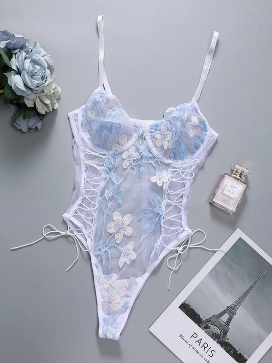 Floral Embroidery Teddy Bodysuit Women Push Up Exotic Woman Sex Sexy Lingerie Sexy Pajamas See-through Babydoll Bodysuit