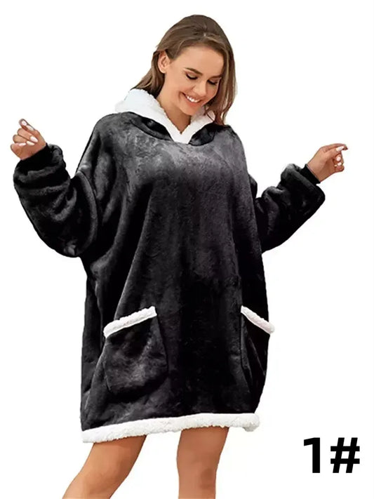 Oversized hoodie blanket with sleeves sweatshirt plaid winter fleece hoody women pocket female winter autumn
