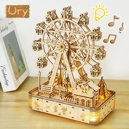 Ury 3D Wooden Puzzles Led Rotatable Ferris Wheel Music Octave Box Model Mechanical Kit Assembly Decor DIY Toy Gift for Kid Adult